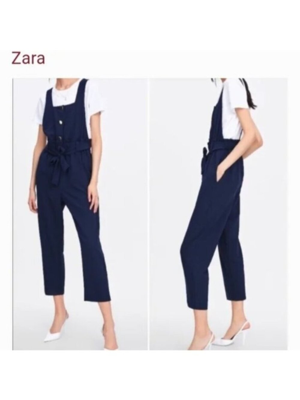 Zara Backless Overall X Strap Navy Blue Nautical Belted Jumpsuit Gold Buttons